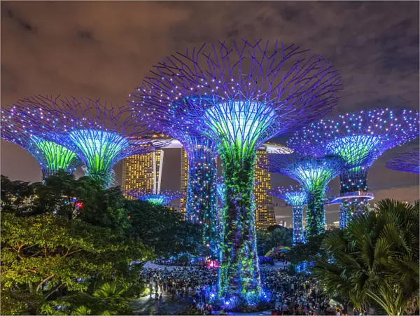 The Supertree Grove light show at Gardens by the Bay nature park, Singapore