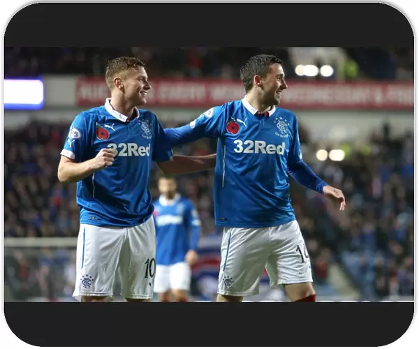 Rangers Football Club: Thrilling Goal Celebration between Nicky Clark and Lewis Macleod at Ibrox Stadium (Scottish Championship)