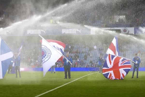 Rangers Football Club: Pre-Season Friendly - Flag Bearers Drenched by Ibrox Stadium's Sprinklers