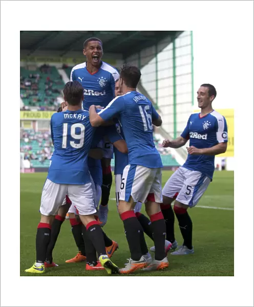 Rangers Martyn Waghorn Doubles Up: Jubilant Moment with Teammates after Scoring Brace in Petrofac Training Cup Match vs. Hibernian (2023)