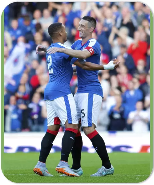Rangers Lee Wallace and James Tavernier: Celebrating a Goal Together in the Ladbrokes Championship Match vs St Mirren at Ibrox Stadium