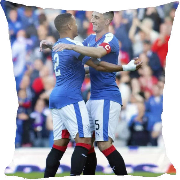 Rangers Lee Wallace and James Tavernier: Celebrating a Goal Together in the Ladbrokes Championship Match vs St Mirren at Ibrox Stadium