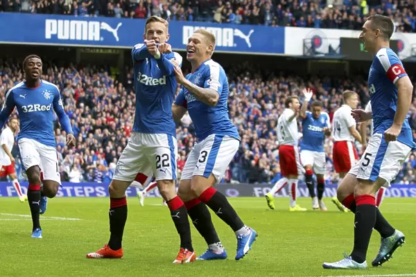 Dean Shiels Euphoric Moment: Rangers Football Club Celebrates Championship Glory at Ibrox Stadium