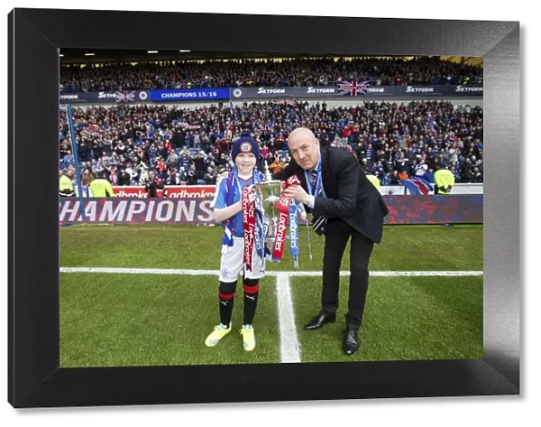 Mark Warburton and Lee Welsh: Champions League - Celebrating Rangers Ladbrokes Championship Win with the Trophy at Ibrox Stadium