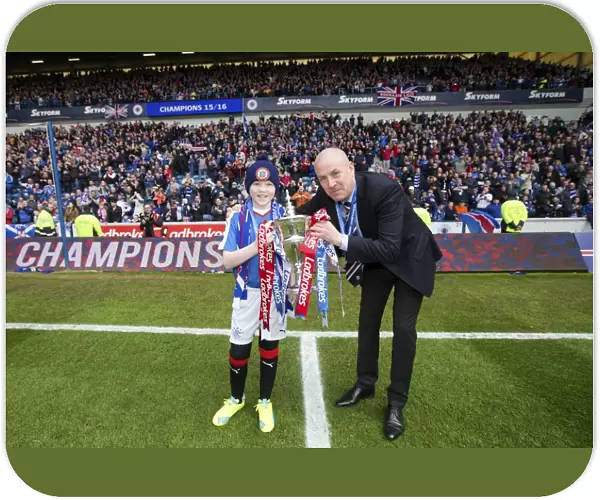 Mark Warburton and Lee Welsh: Champions League - Celebrating Rangers Ladbrokes Championship Win with the Trophy at Ibrox Stadium