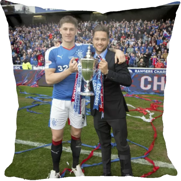 Rangers Football Club: Rob Kiernan and Harry Forrester Celebrate Championship Victory with the Ladbrokes Trophy at Ibrox Stadium