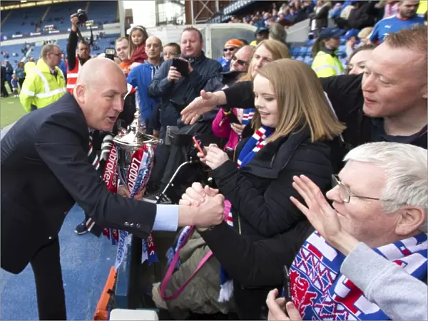 Rangers FC: Mark Warburton and Ecstatic Fans Celebrate Ladbrokes Championship Win with the Trophy at Ibrox Stadium (2003 Scottish Cup)
