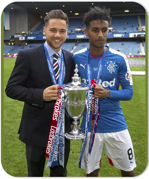 Rangers Football Club: Harry Forrester and Gedion Zelalem Celebrate Championship Win with the Ladbrokes Trophy at Ibrox Stadium