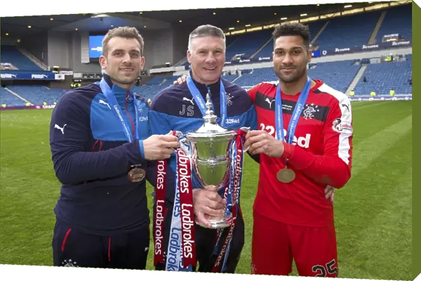 Rangers Football Club: Triumphant Goalkeepers Cammy Bell, Wes Foderingham, and Jim Stewart with the Ladbrokes Championship Trophy at Ibrox Stadium