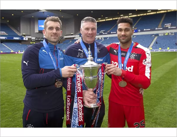 Rangers Football Club: Triumphant Goalkeepers Cammy Bell, Wes Foderingham, and Jim Stewart with the Ladbrokes Championship Trophy at Ibrox Stadium