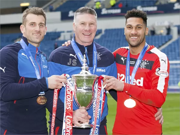 Triumphant Rangers Goalkeepers: Cammy Bell, Wes Foderingham, and Jim Stewart Celebrate Championship Victory at Ibrox Stadium (2003)