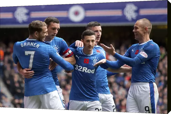 Rangers: Celebrating Lee Wallace's Goal with Teammates in the Ladbrokes Premiership at Ibrox Stadium