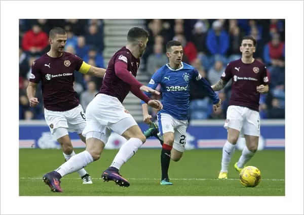 Intense Clash: Rangers Jason Holt Surrounded by Hearts Players at Ibrox Stadium