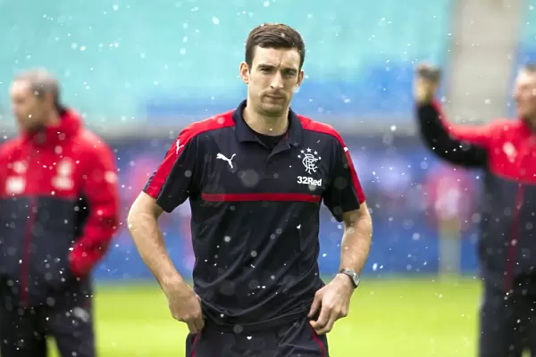 Rangers Captain Lee Wallace Examines Red Bull Arena Pitch Before RB Leipzig Friendly