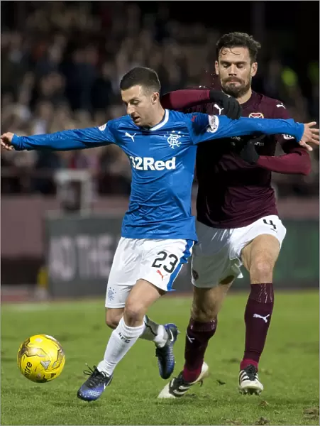 Rangers Jason Holt Protects the Ball from Hearts Alexandros Tziolis at Tynecastle Stadium