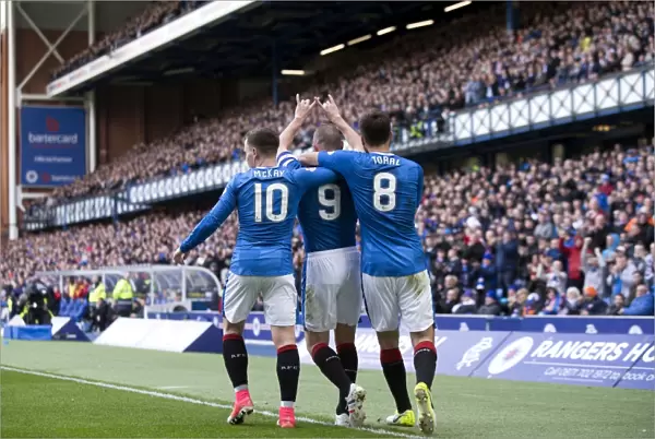 Rangers: Triumphant Moment - Miller, McKay, and Toral's Unforgettable Goal Celebration (vs. Partick Thistle, Ladbrokes Premiership, Ibrox Stadium)