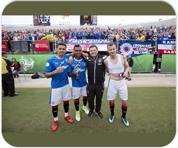 Rangers Football Club: Graeme Murty and Winning Players Tavernier, Morelos, and Halliday Celebrate Manager of the Match Award - Florida Cup 2023