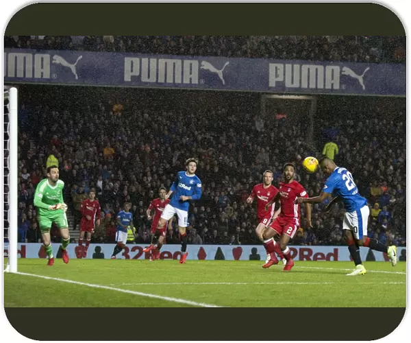 Rangers Alfredo Morelos Heads in the First Goal Against Aberdeen at Ibrox Stadium