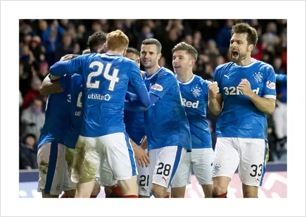 Rangers: Tavernier's Epic Goal Celebration with Team Mates in Ladbrokes Premiership Clash at Ibrox Stadium