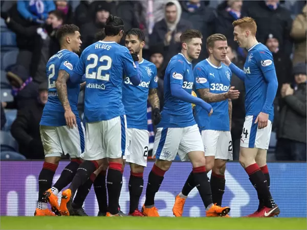 Rangers Jason Cummings Scores and Celebrates First Goal with Team Mates in Scottish Cup Quarterfinal at Ibrox Stadium