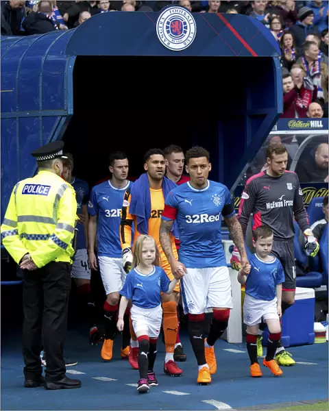 Rangers Captain James Tavernier Leads Team Out with Mascots: Scottish Cup Champions 2003 at Ibrox Stadium