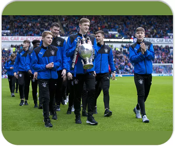 Rangers U17 Team Celebrates Glasgow Cup Victory at Ibrox Stadium During Rangers vs Kilmarnock Match