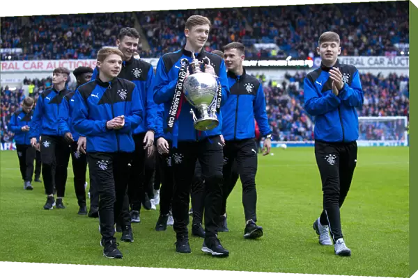 Rangers U17 Team Celebrates Glasgow Cup Victory at Ibrox Stadium During Rangers vs Kilmarnock Match