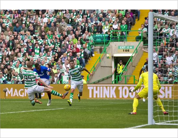 Rangers Morelos Threatens Celtic's Goal: Intense Moment in Ladbrokes Premiership Clash at Celtic Park