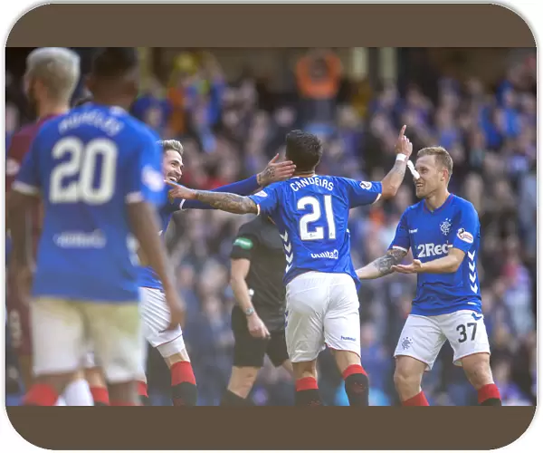Rangers Celebrate Candeias Goal: Rangers FC vs St. Johnstone - Ladbrokes Premiership, Ibrox Stadium