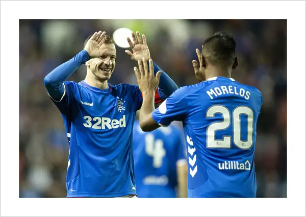 Rangers Andy Halliday and Alfredo Morelos Celebrate Goal in Betfred Cup Quarterfinal at Ibrox Stadium