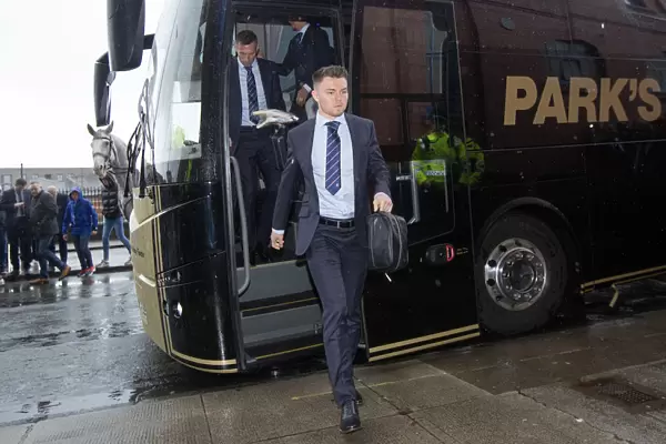 Rangers Glenn Middleton Exits Team Bus in Ibrox Stadium Suit Up for Rangers vs Hearts (Scottish Cup Champions 03)