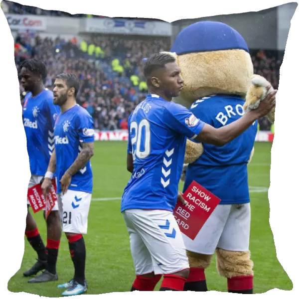 Rangers Alfredo Morelos Celebrates with Roxi after Securing Victory over Hearts at Ibrox Stadium (Scottish Premiership)