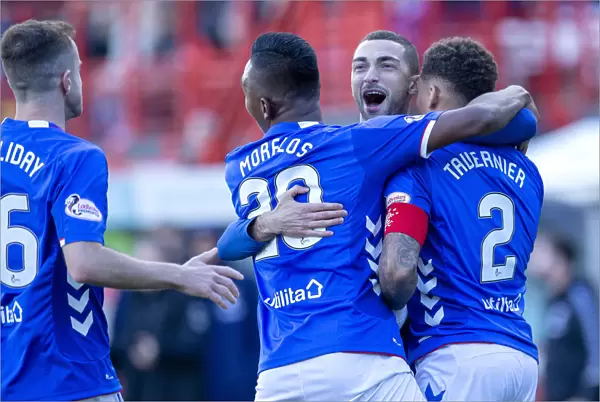 Rangers Tavernier and Grezda Celebrate Goal in Hamilton: Ladbrokes Premiership Clash