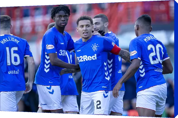 Rangers Tavernier and Ejaria Celebrate Goal in Ladbrokes Premiership Match at Hamilton's Hope Central Business District Stadium