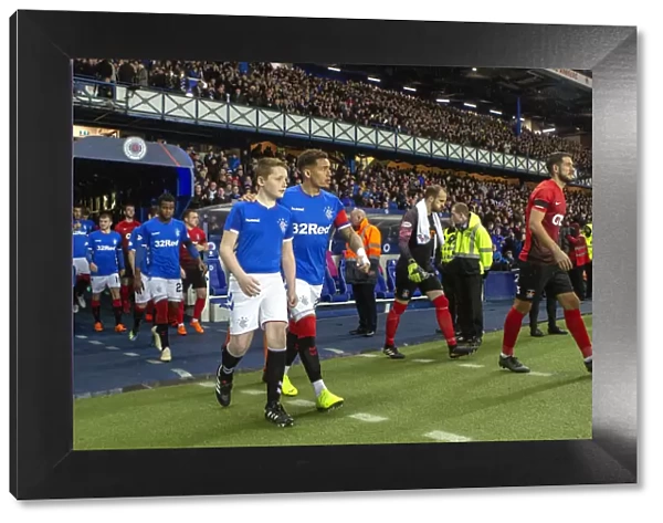 Rangers Football Club: Tavernier and the Mascot Lead the Team Out at Ibrox Stadium (Scottish Premiership: Rangers vs. Kilmarnock)