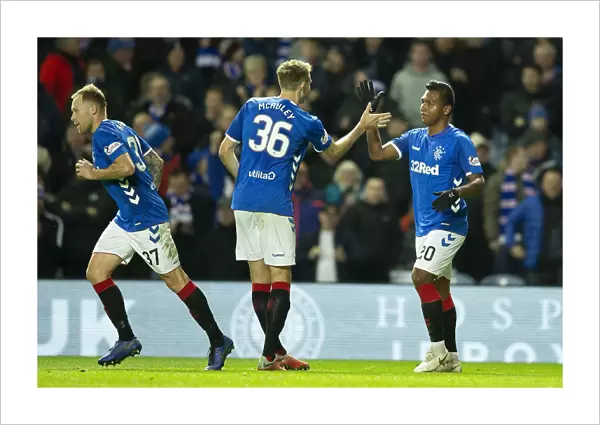 Rangers Alfredo Morelos and Gareth McAuley Celebrate Goal: Rangers vs. Livingston, Ladbrokes Premiership, Ibrox Stadium