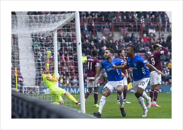 Goldson and Morelos: Celebrating Rangers Goal at Tynecastle in the Ladbrokes Premiership