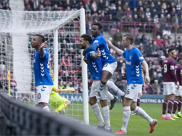 Rangers Connor Goldson and Team Mates Celebrate Goal at Tynecastle: Hearts vs Rangers, Ladbrokes Premiership