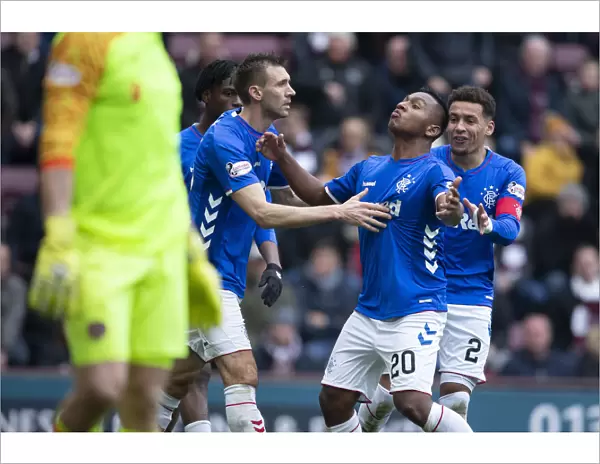 Rangers Alfredo Morelos Celebrates Goal with Team Mates at Tynecastle: Hearts vs Rangers, Ladbrokes Premiership