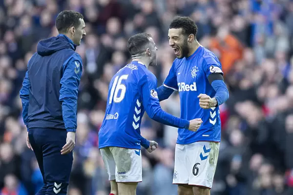 Rangers Football Club: Andy Halliday and Connor Goldson Celebrate Scottish Premiership Victory Over Celtic at Ibrox Stadium (Scottish Cup Champions 2003)