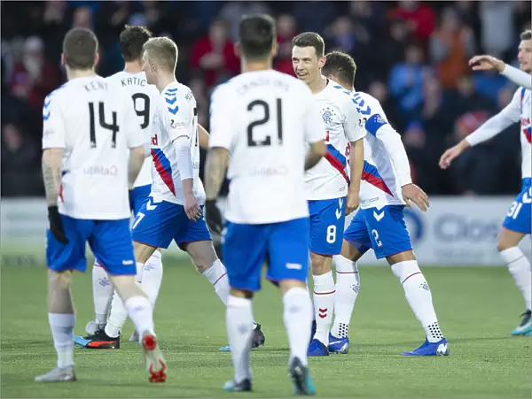 Rangers Ryan Jack Scores and Celebrates with Team Mates in Livingston's Tony Macaroni Arena - Scottish Premiership