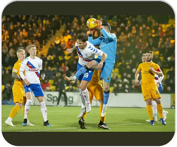 Rangers Nikola Katic Leaps for the Ball in Scottish Premiership Clash at Livingston's Tony Macaroni Arena