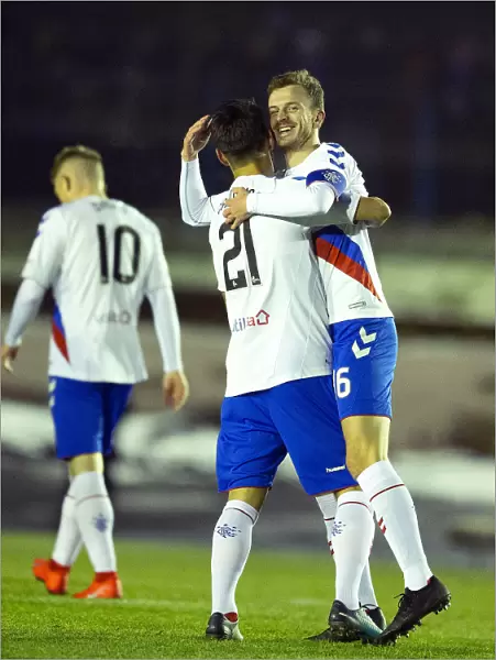 Rangers Halliday and Candeias Celebrate Goal in Scottish Cup Fourth Round Victory over Cowdenbeath
