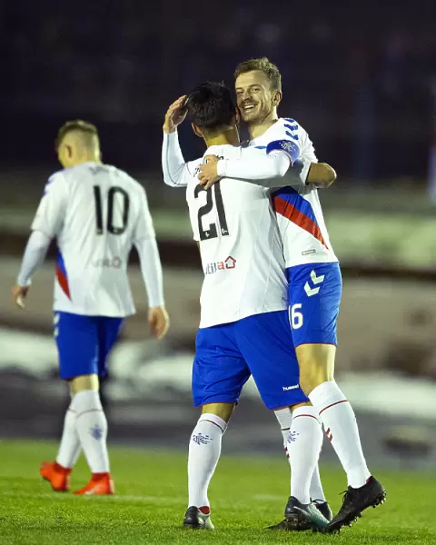 Rangers Halliday and Candeias Celebrate Goal in Scottish Cup Fourth Round Victory over Cowdenbeath