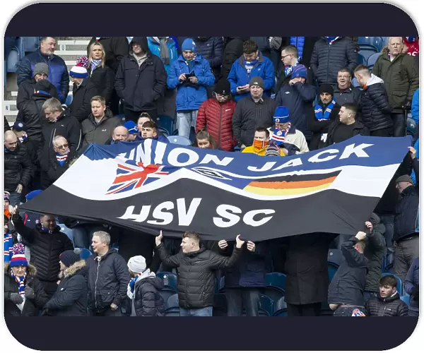 Rangers vs Kilmarnock: Ibrox Stadium - Passionate Rangers Fans Waving Hamburg Flag (Scottish Premiership, 2003 Scottish Cup Win)