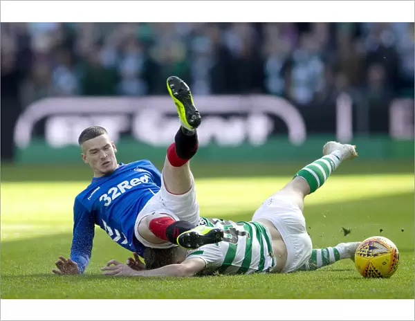 Rangers Ryan Kent Fouls by Celtic's James Forrest in Scottish Premiership Clash at Celtic Park