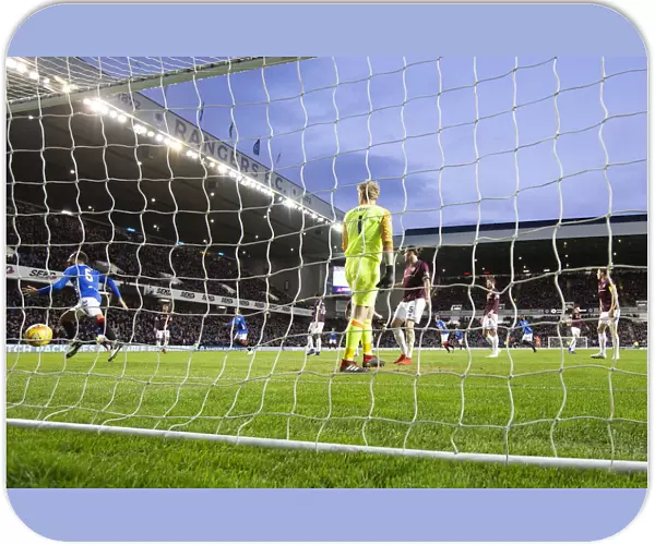 Rangers Connor Goldson Scores the Second Goal Against Hearts in Scottish Premiership at Ibrox Stadium
