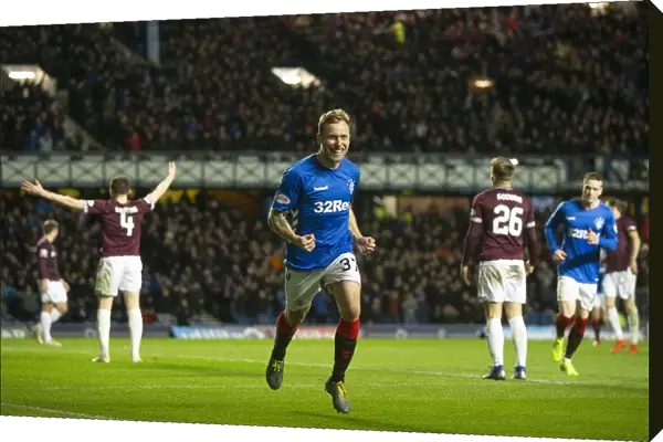 Rangers Scott Arfield Celebrates Goal Against Hearts in Scottish Premiership at Ibrox Stadium