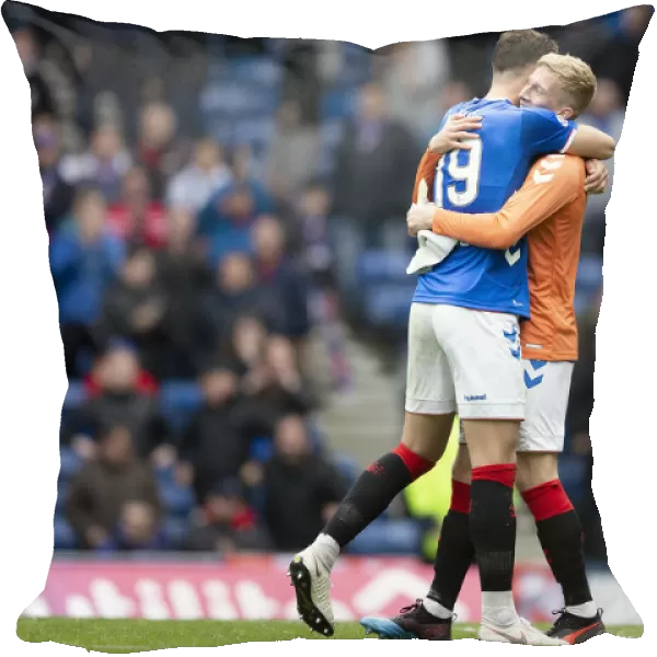 Rangers Celebrate Dramatic Win Against Hibernian: Ross McCrorie and Nikola Katic Rejoice after Allan McGregor's Red Card (Scottish Premiership, Ibrox Stadium)