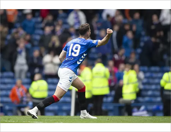 Rangers Nikola Katic: Celebrating Victory in the Scottish Premiership against Hibernian at Ibrox Stadium
